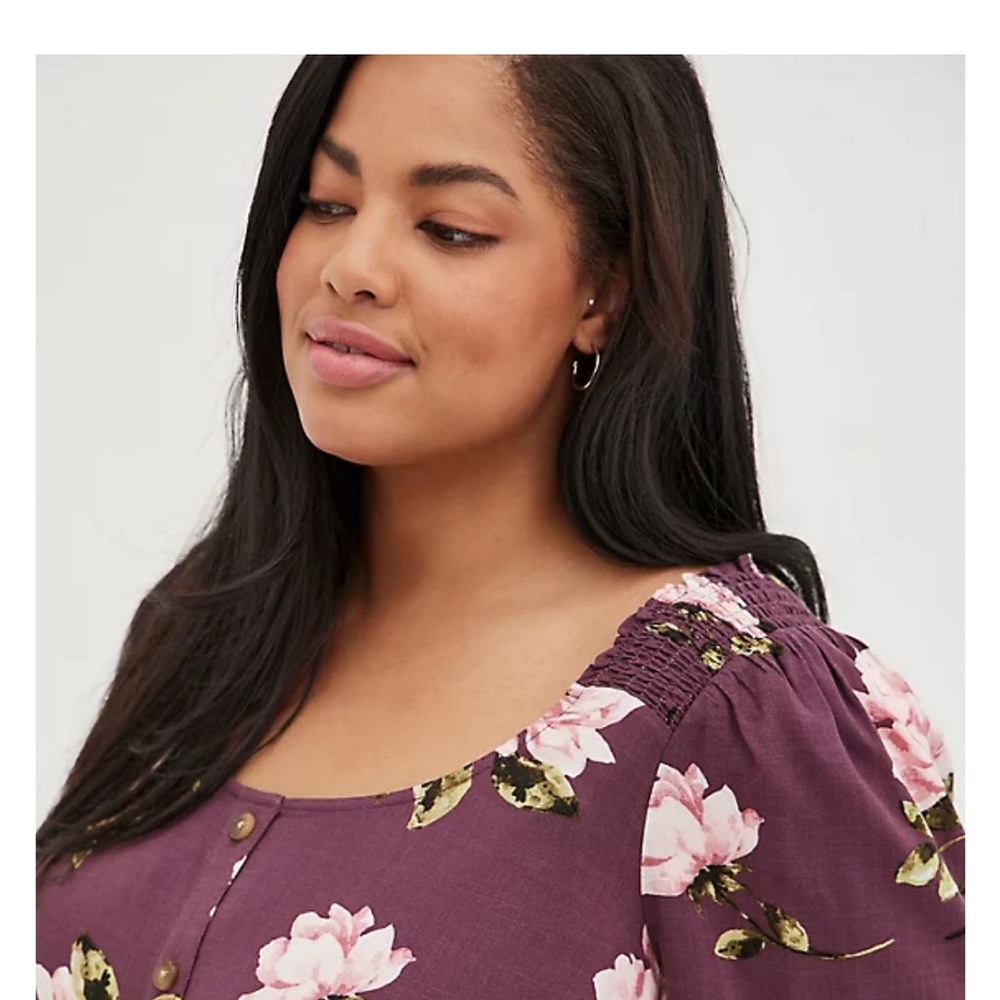 RAYON SLUB BUTTON-FRONT PUFF SLEEVE TOP
